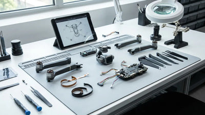 DJI drone parts compatibility desk with labeled modules connectors and model reference