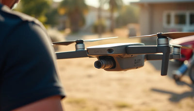 Camera drone flying beside an operator in a sunlit outdoor setting