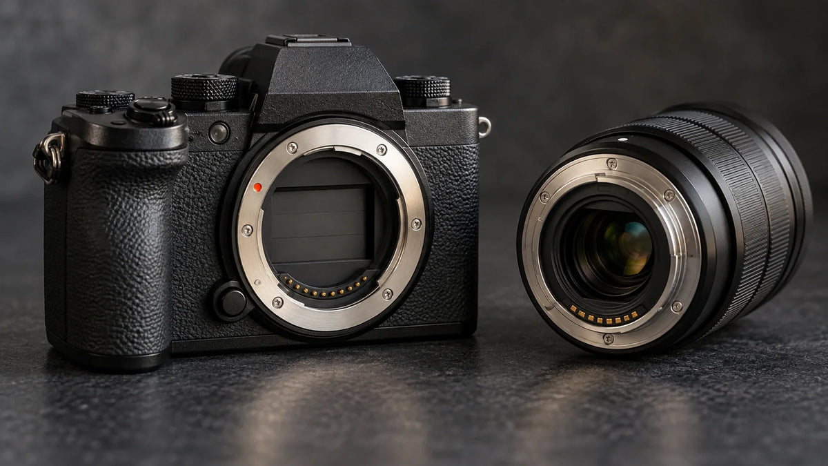 Close-up of an unbranded camera body and detached lens on a workbench, illustrating image capture hardware.
