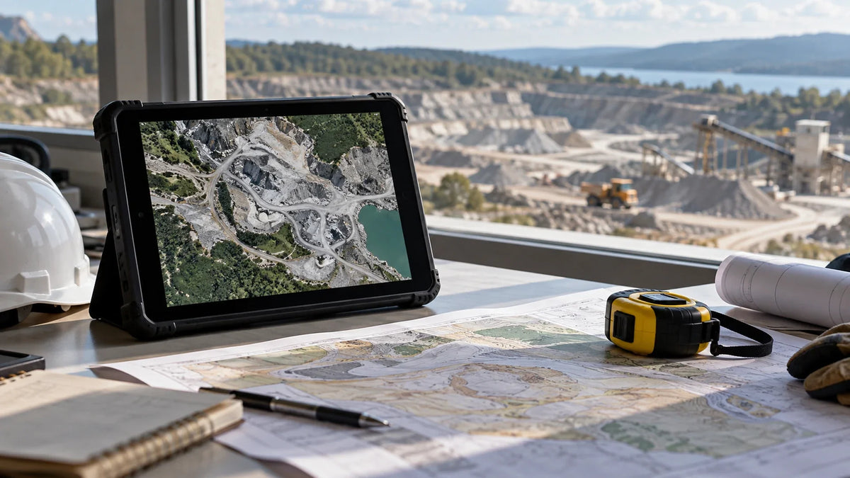 Survey planning desk with a tablet showing an aerial map, printed map and measuring tape.