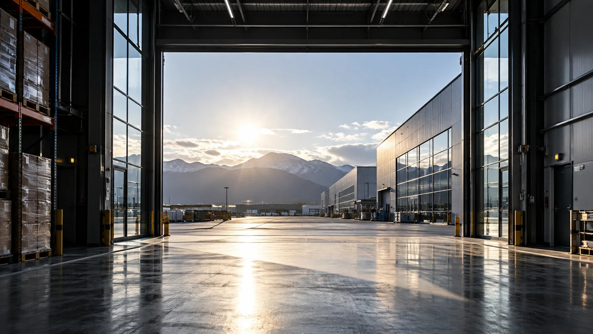 Warehouse entrance with glass panels and contrasting illumination illustrating difficult visual-sensing conditions.