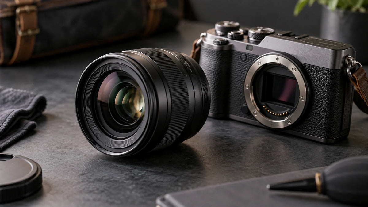 Unbranded camera lens and camera body on a workbench, illustrating optical imaging equipment.