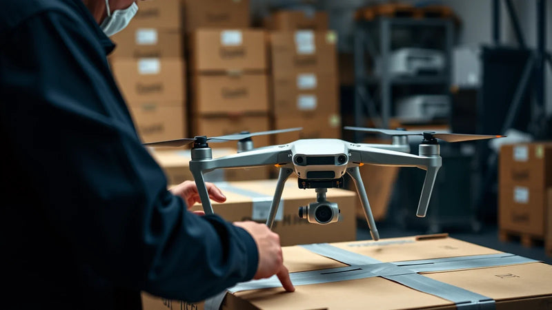 Packed DJI drone kit, battery identification and carrier evidence file prepared for a China-to-Romania shipment