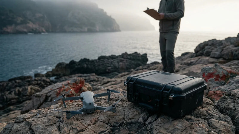Compact camera drone and hard case prepared on a rocky Spanish shoreline before an outdoor operation