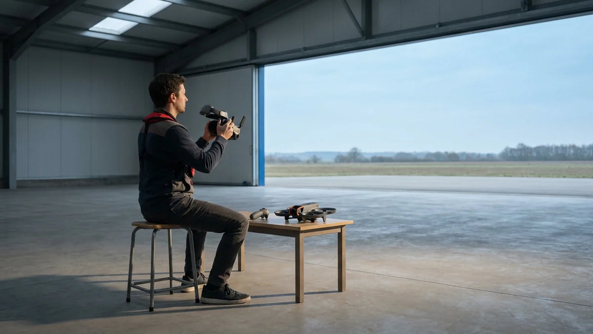 DJI Avata 2 pilot pausing with Goggles Integra in a daylight training hangar