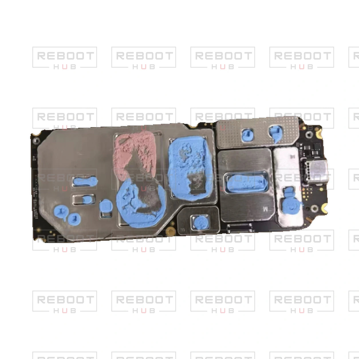 OEM-pulled DJI Air 3S Motherboard on white with Reboot Hub watermark overlay — source view 2