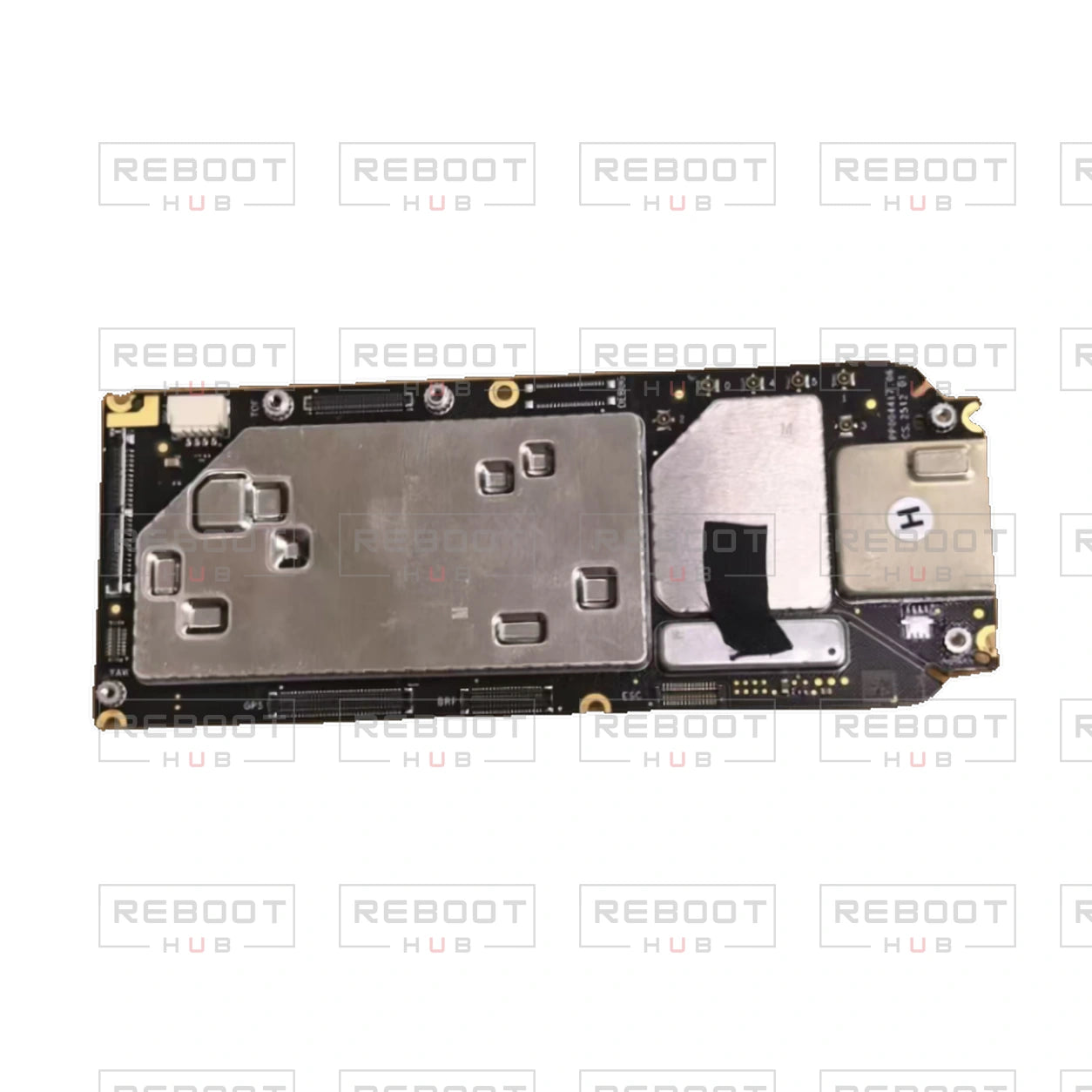 OEM-pulled DJI Air 3S Motherboard on white with Reboot Hub watermark overlay — source view 3