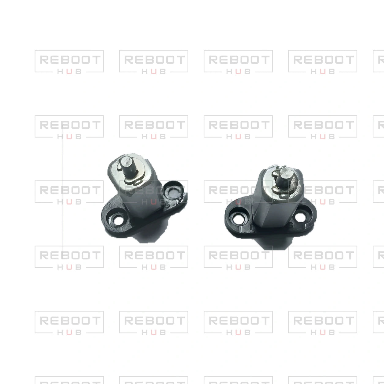 OEM-pulled DJI Mavic Mini Front Arm Hinge Axis Left on white with Reboot Hub watermark overlay — view 3