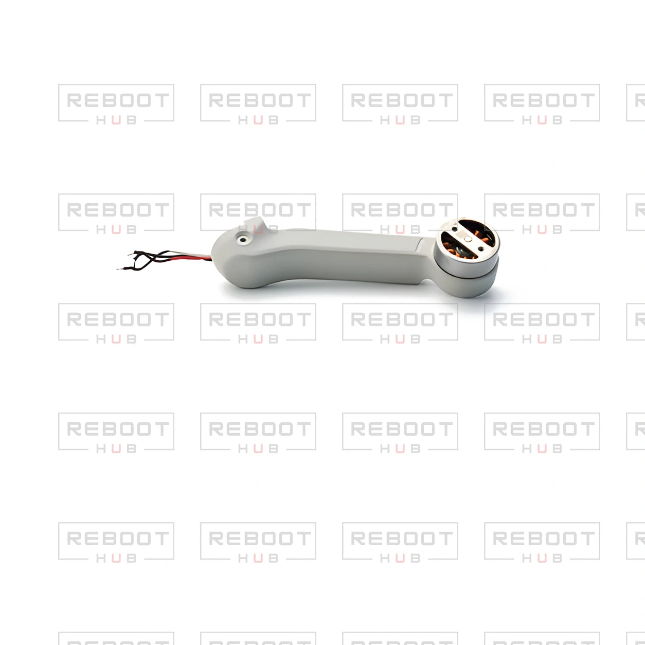 OEM-pulled DJI Mini 2 Rear Arm Left on white with Reboot Hub watermark overlay — view 2