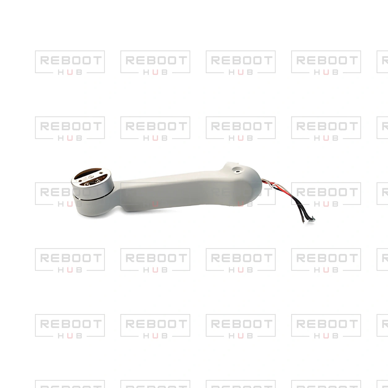 OEM-pulled DJI Mini 2 Rear Arm Right on white with Reboot Hub watermark overlay — view 2