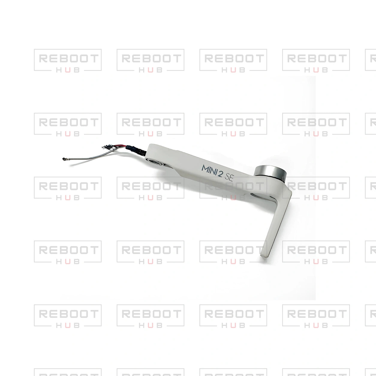 OEM-pulled DJI Mini 2 SE Front Arm Left on white with Reboot Hub watermark overlay — view 1