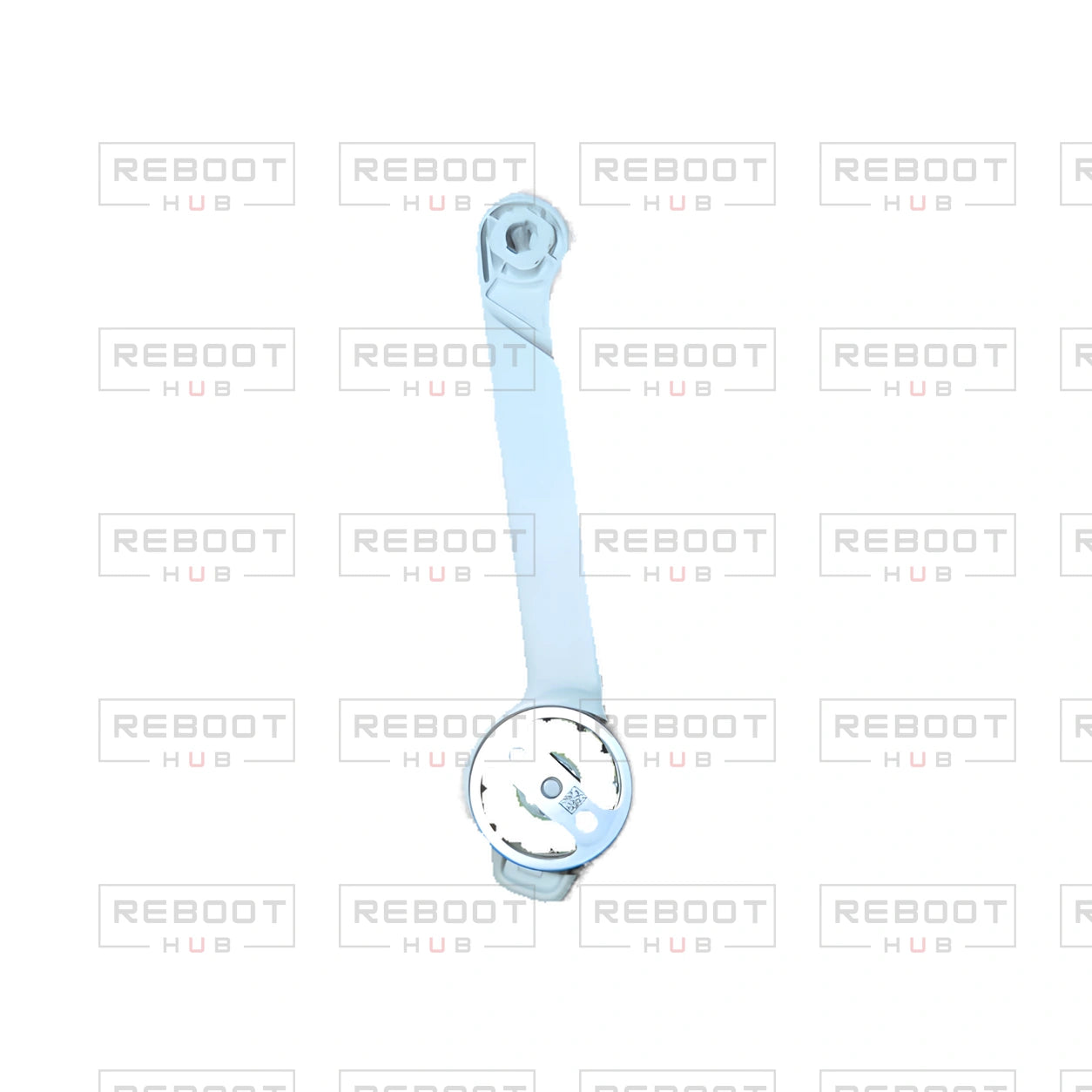 OEM-pulled DJI Mini 2 SE Front Arm Left on white with Reboot Hub watermark overlay — view 2