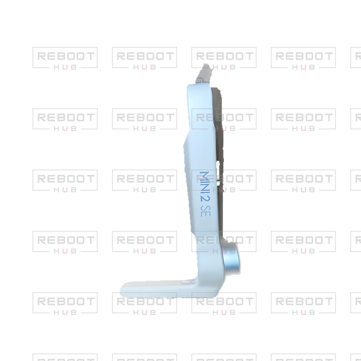 OEM-pulled DJI Mini 2 SE Front Arm Left on white with Reboot Hub watermark overlay — view 3