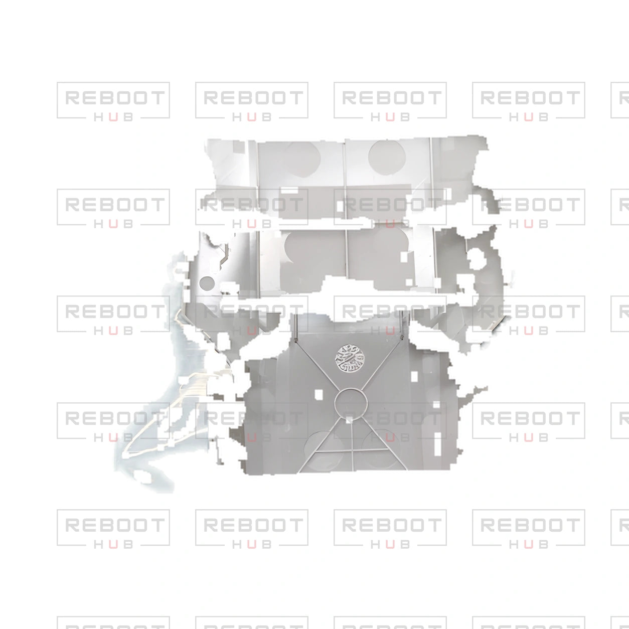 OEM-pulled DJI Mini 2 Upper Shell on white with Reboot Hub watermark overlay — view 4