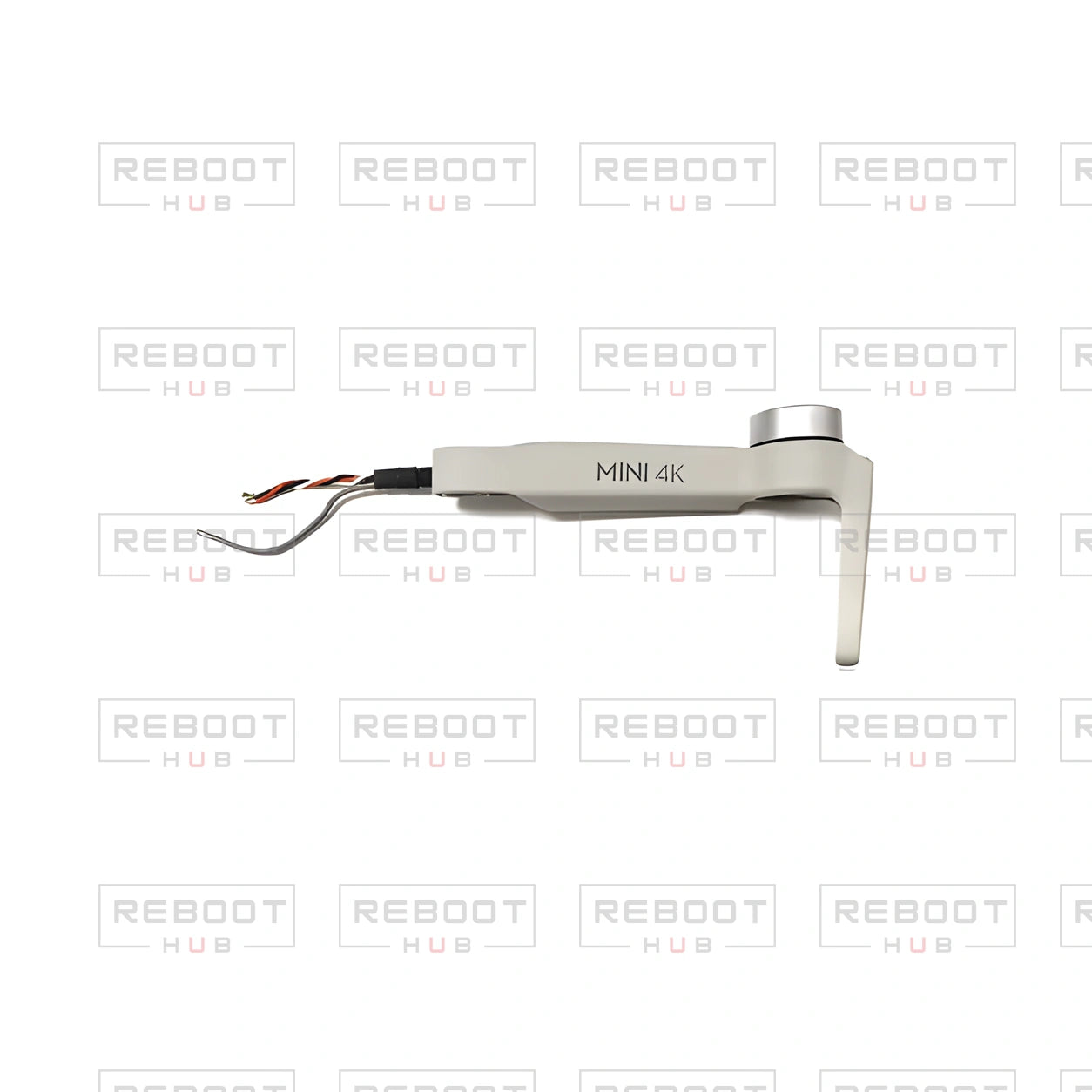 OEM-pulled DJI Mini 4K Front Arm Left on white with Reboot Hub watermark overlay — view 1