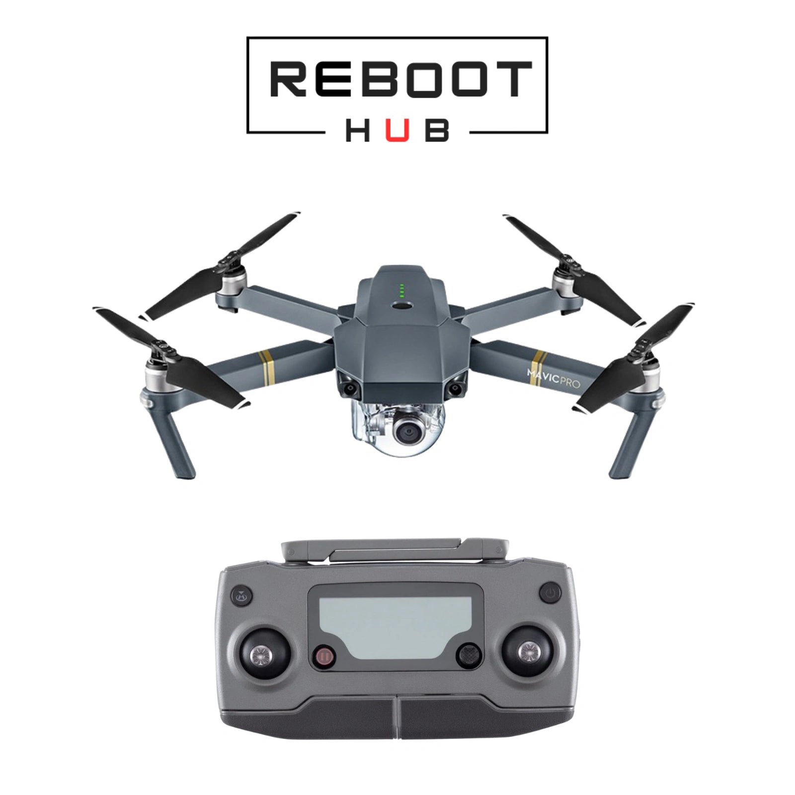Certified Refurbished DJI Mavic Pro drone gray body with RC1A, showing compact design.