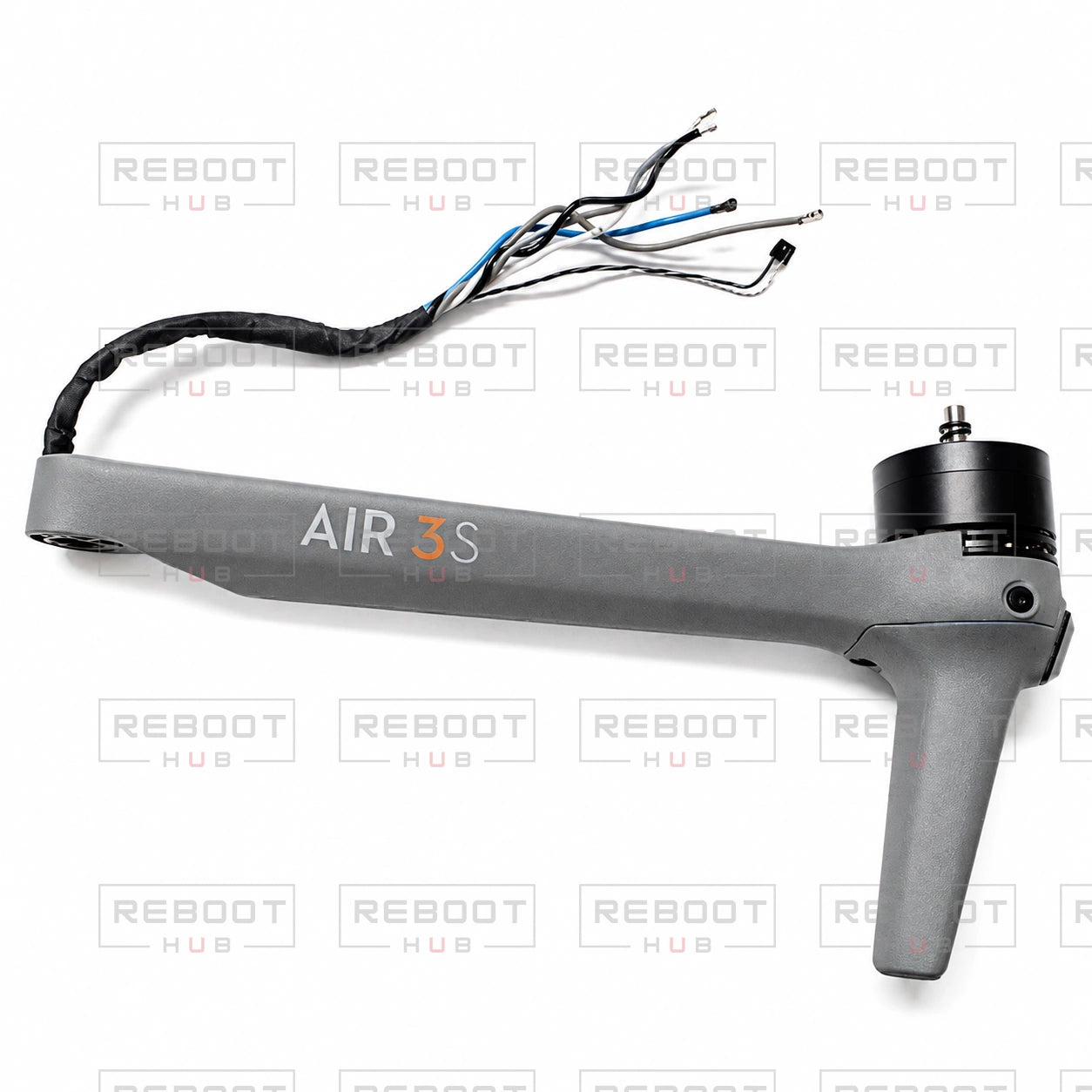 OEM-pulled DJI Air 3S Front Arm Left with Reboot Hub watermark overlay