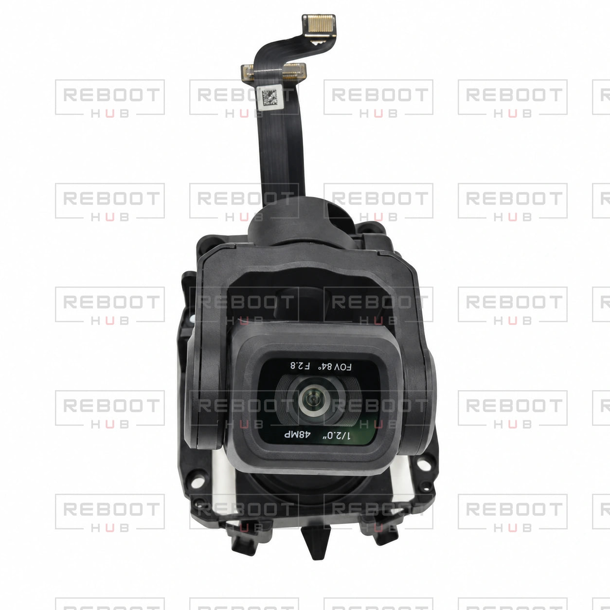 OEM-pulled DJI Mavic Air 2 Complete Gimbal Arm Assembly with Flexible Flat Cable and Camera Core on white with Reboot Hub watermark overlay