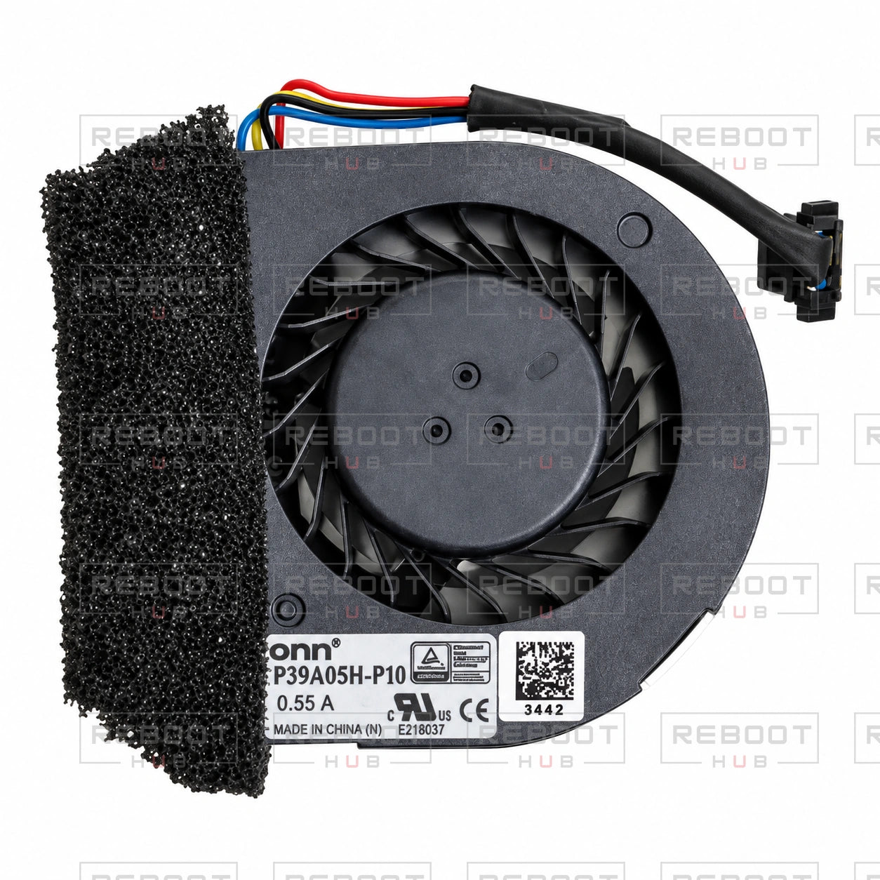 OEM-pulled DJI Mavic Air 2 Cooling Fan on white with Reboot Hub watermark overlay