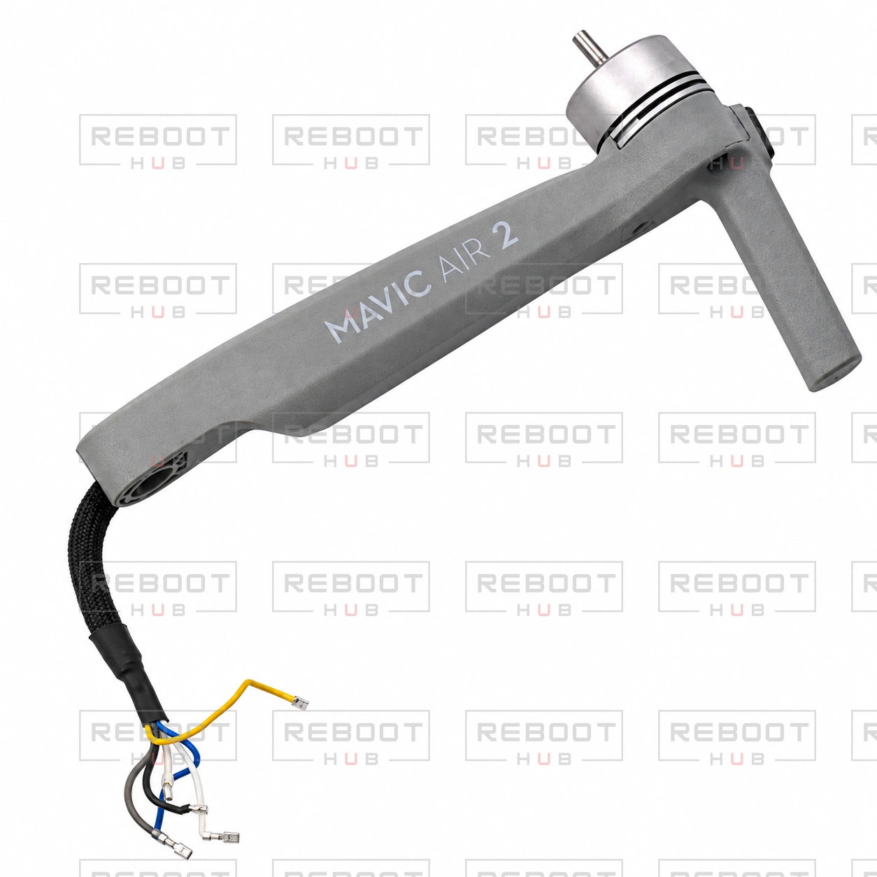 OEM-pulled DJI Mavic Air 2 Front Left Arm Module on white with Reboot Hub watermark overlay