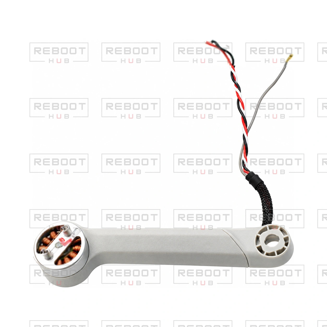 OEM-pulled DJI Mini 3 Pro Rear Arm Left on white with Reboot Hub watermark overlay