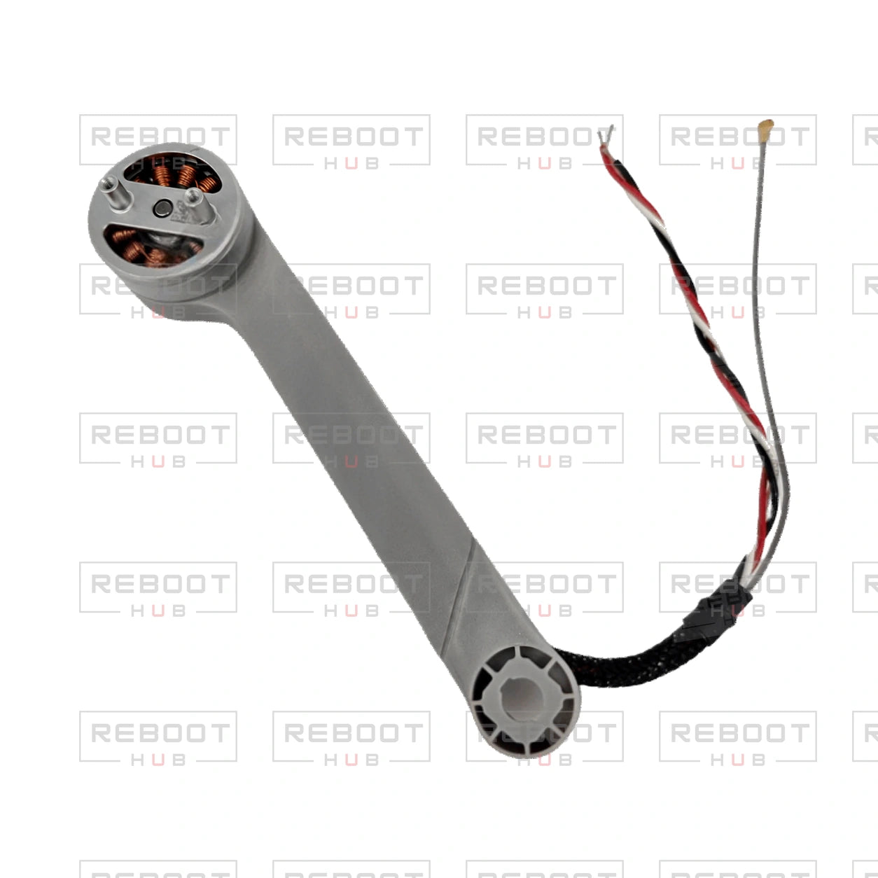 OEM-pulled DJI Mini 3 Pro Rear Arm Left on white with Reboot Hub watermark overlay
