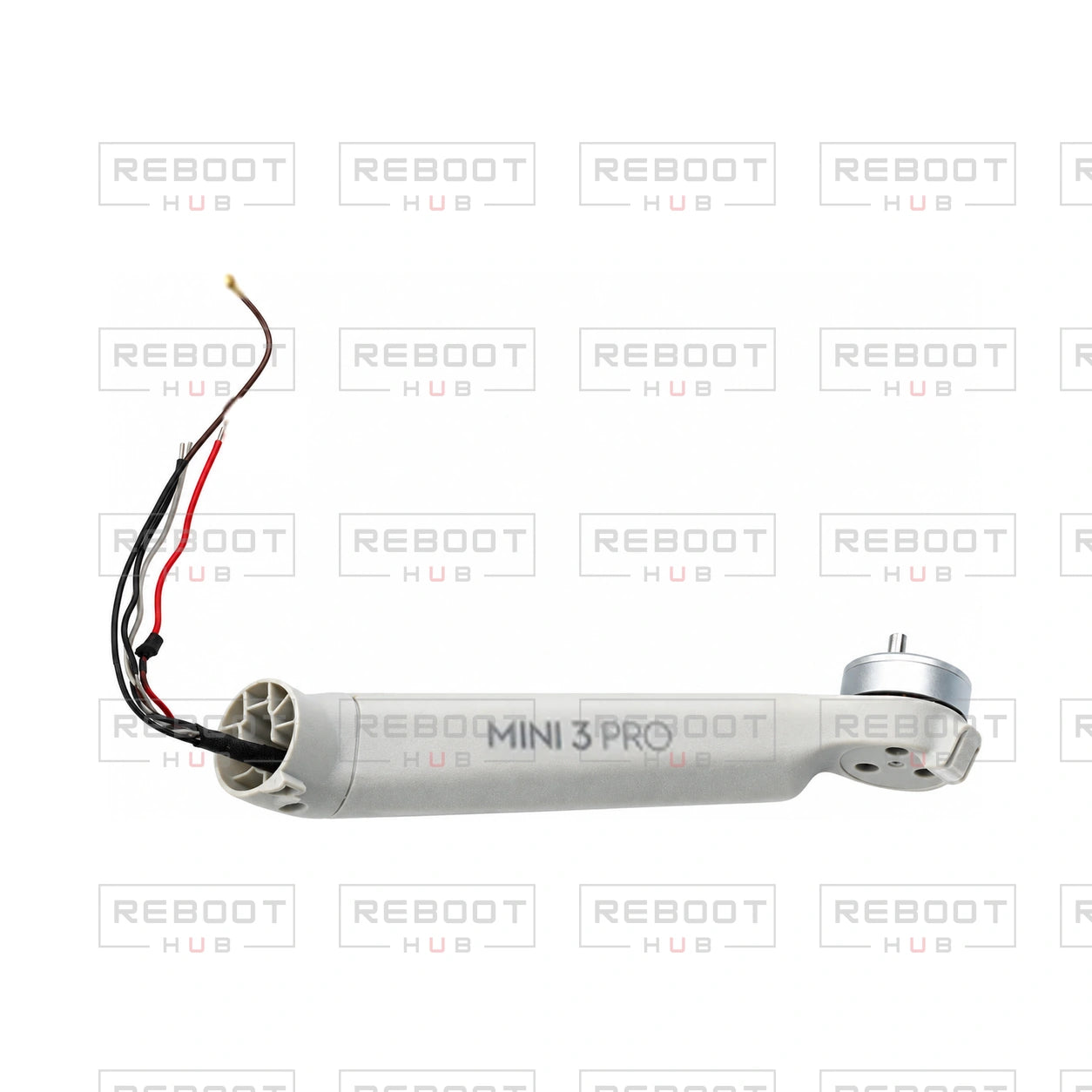 OEM-pulled DJI Mini 3 Pro Front Arm Shell with Faulty Motor Left on white with Reboot Hub watermark overlay