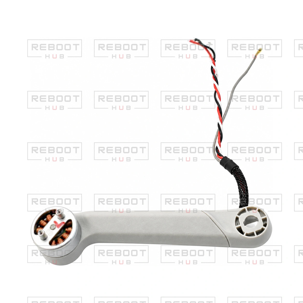 OEM-pulled DJI Mini 3 Pro Rear Arm Shell with Faulty Motor Left on white with Reboot Hub watermark overlay