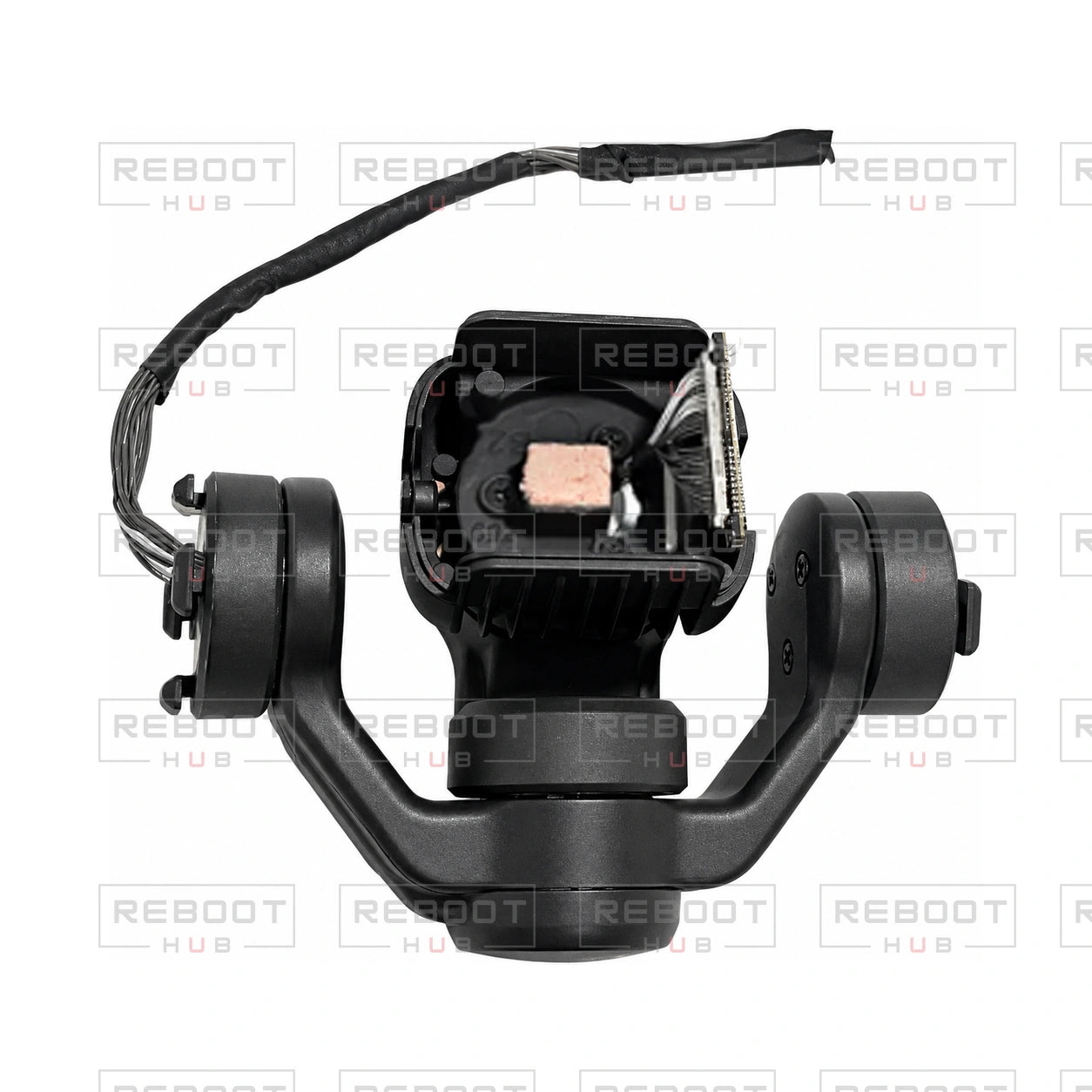 OEM-pulled DJI Mini 3 Gimbal Axis Arm Assembly on white with Reboot Hub watermark overlay