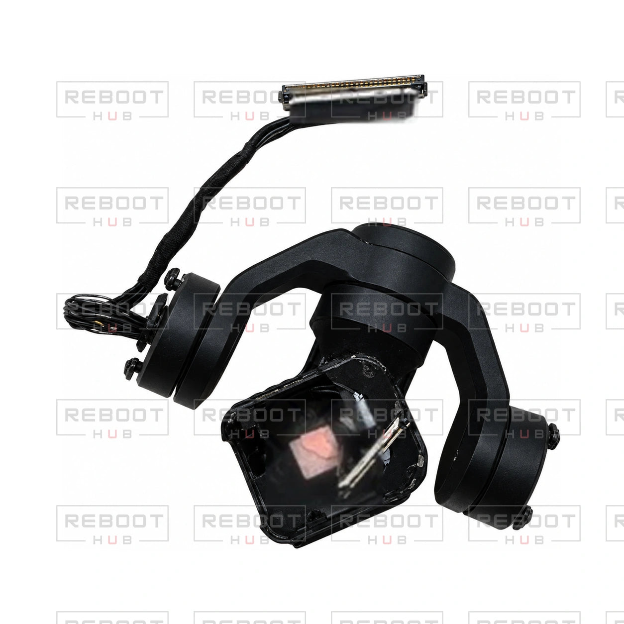 OEM-pulled DJI Mini 3 Gimbal Axis Arm Assembly on white with Reboot Hub watermark overlay