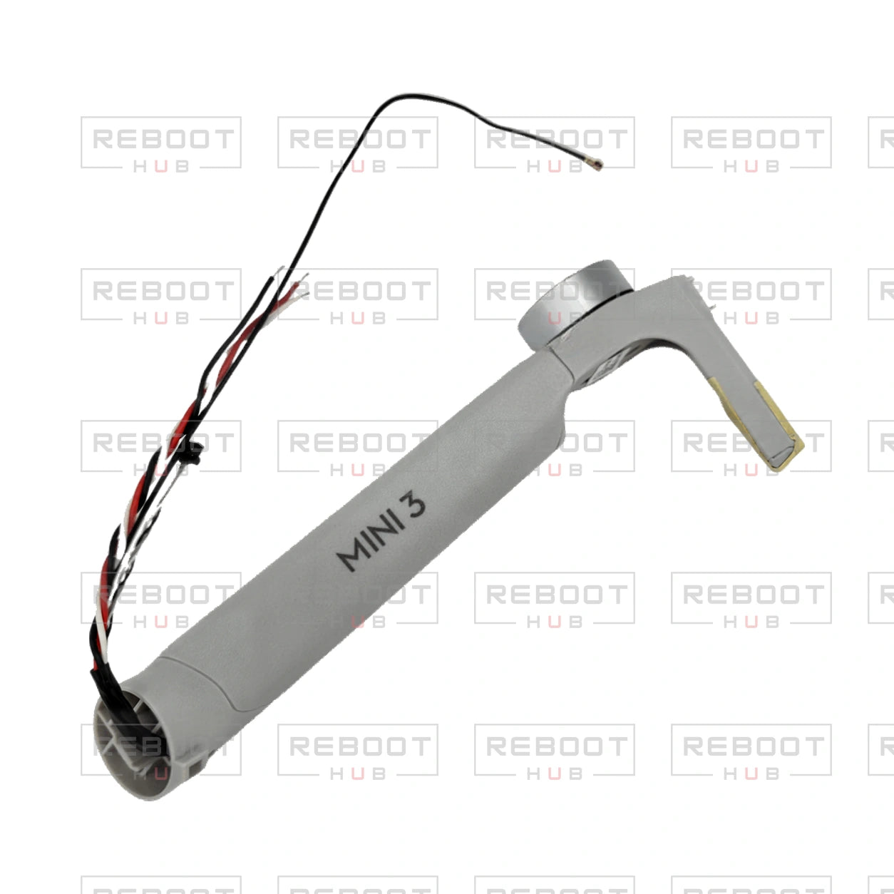 OEM-pulled DJI Mini 3 Front Arm Left on white with Reboot Hub watermark overlay