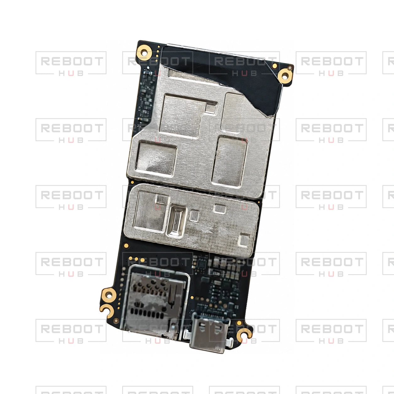 OEM-pulled DJI Mini 3 Motherboard on white with Reboot Hub watermark overlay