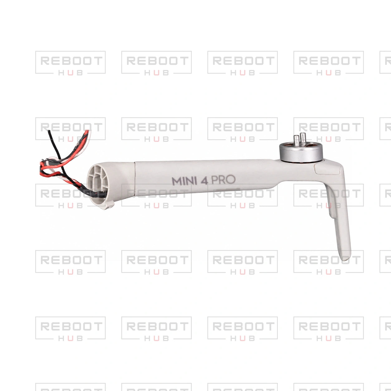 OEM-pulled DJI Mini 4 Pro Front Arm Left on white with Reboot Hub watermark overlay