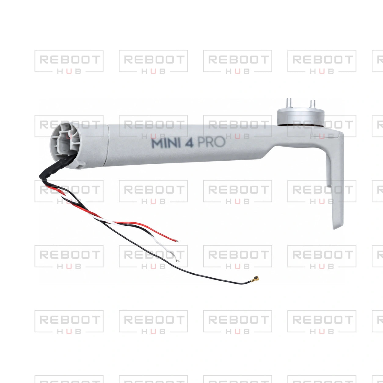 OEM-pulled DJI Mini 4 Pro Front Arm Left on white with Reboot Hub watermark overlay
