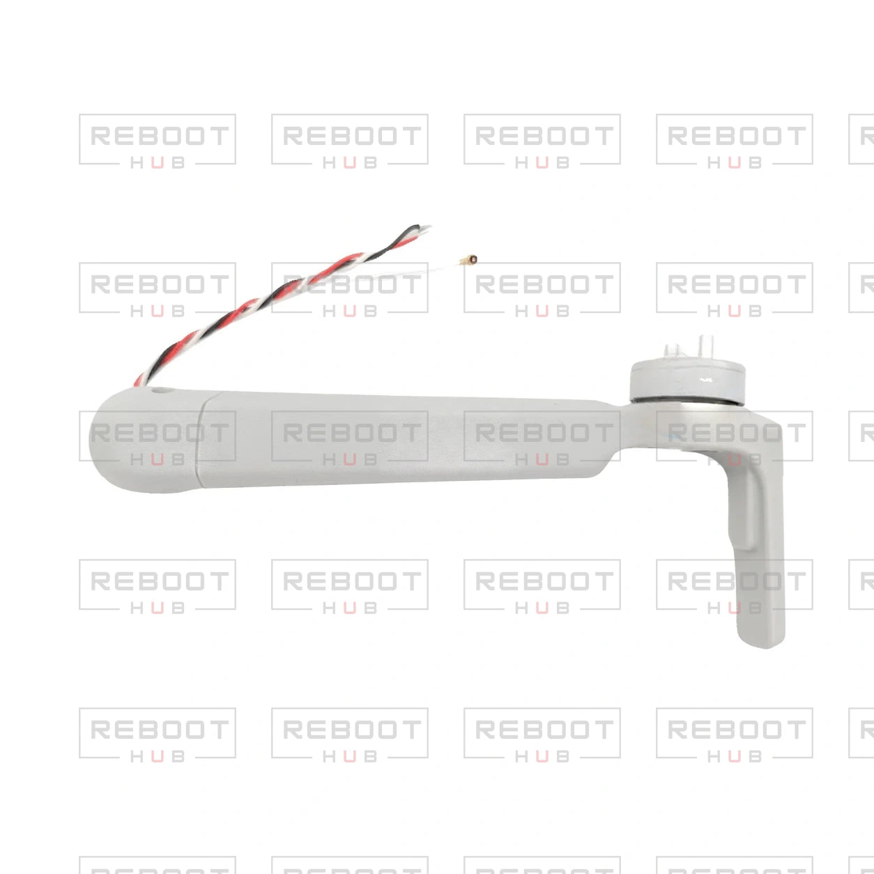 OEM-pulled DJI Mini 4 Pro Front Arm Left on white with Reboot Hub watermark overlay