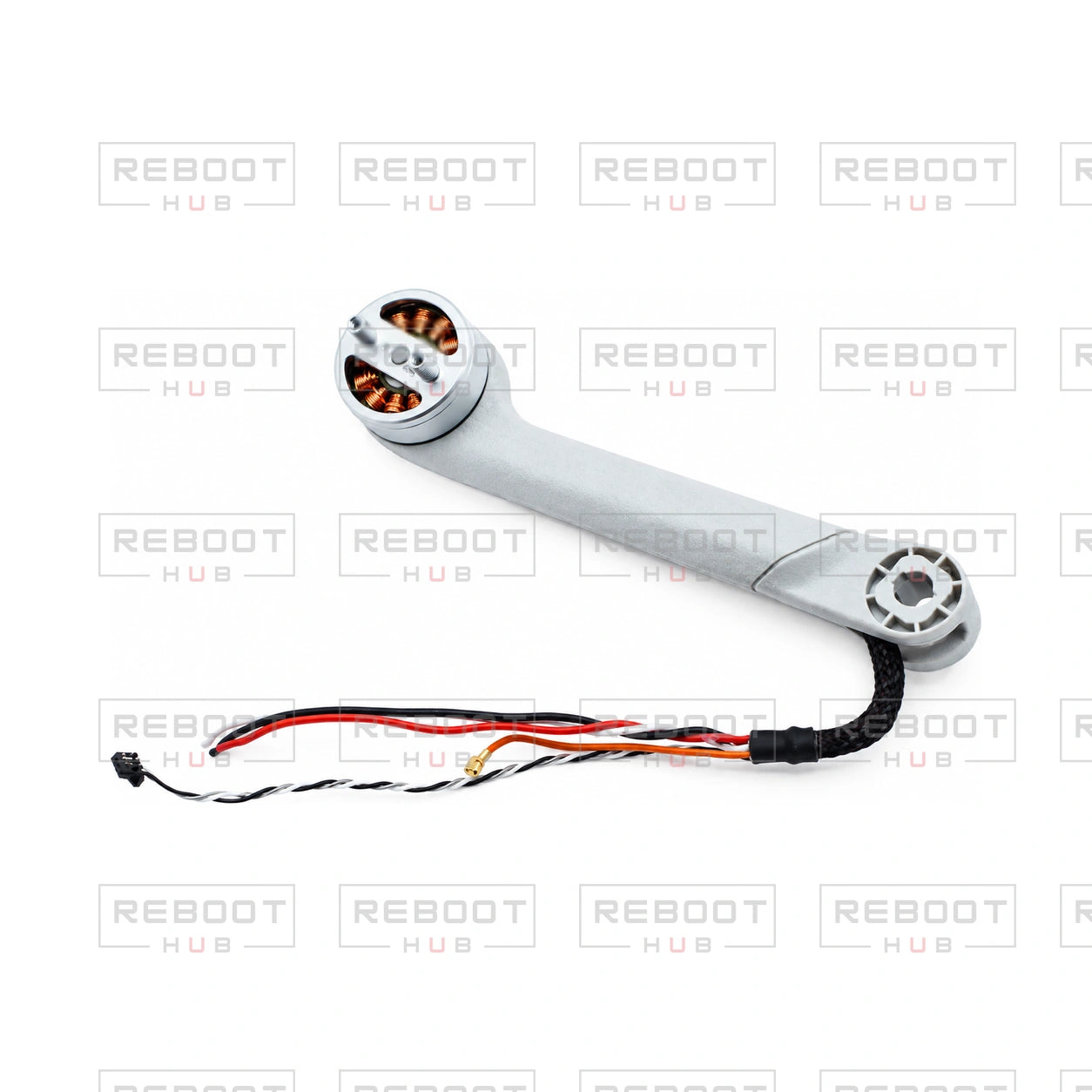 OEM-pulled DJI Mini 4 Pro Rear Arm Left on white with Reboot Hub watermark overlay
