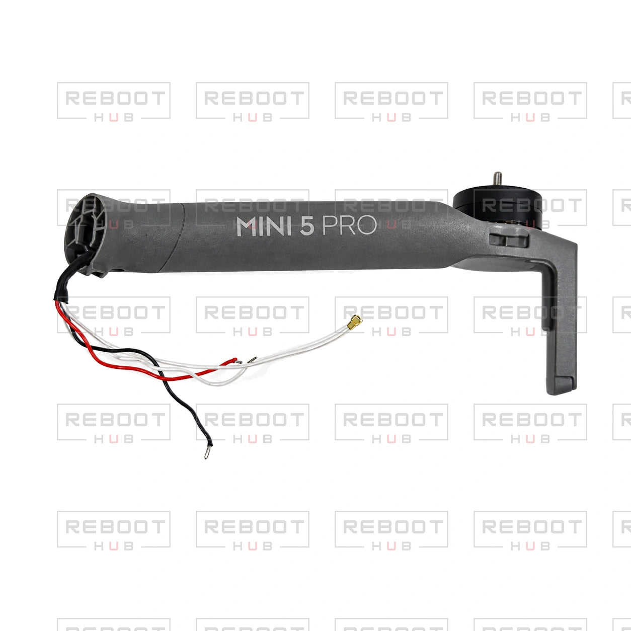 OEM-pulled DJI Mini 5 Pro Front Arm Left on white with Reboot Hub watermark overlay