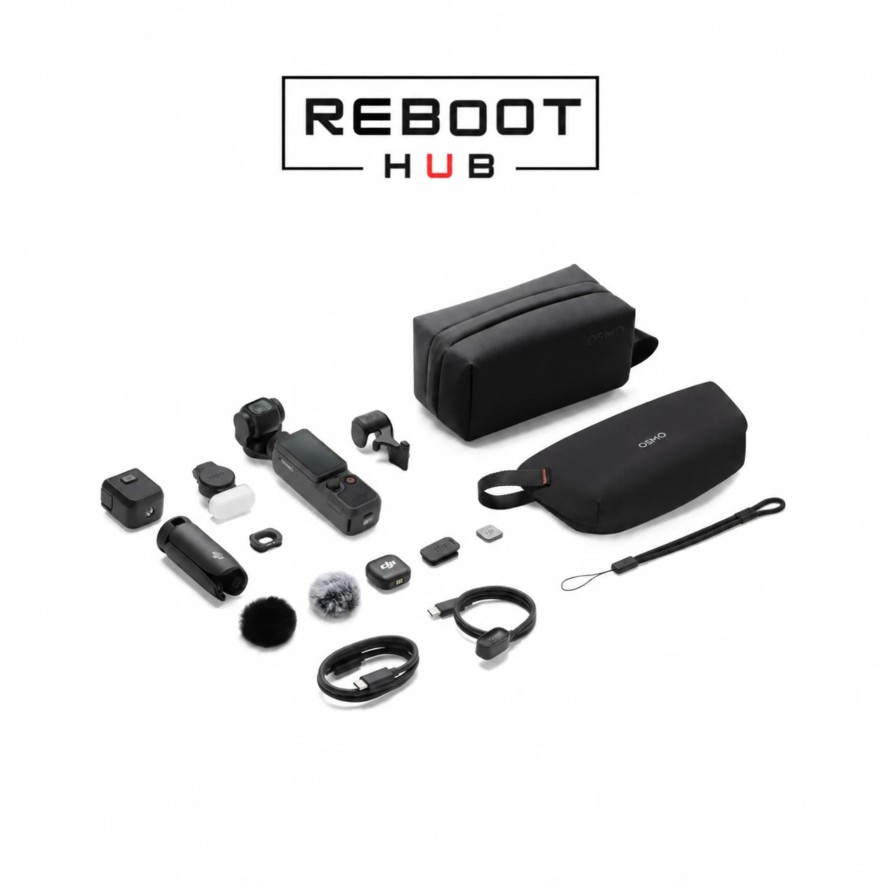 DJI Osmo Pocket 4 Creator Combo with original accessories and Reboot Hub logo; model-reference image