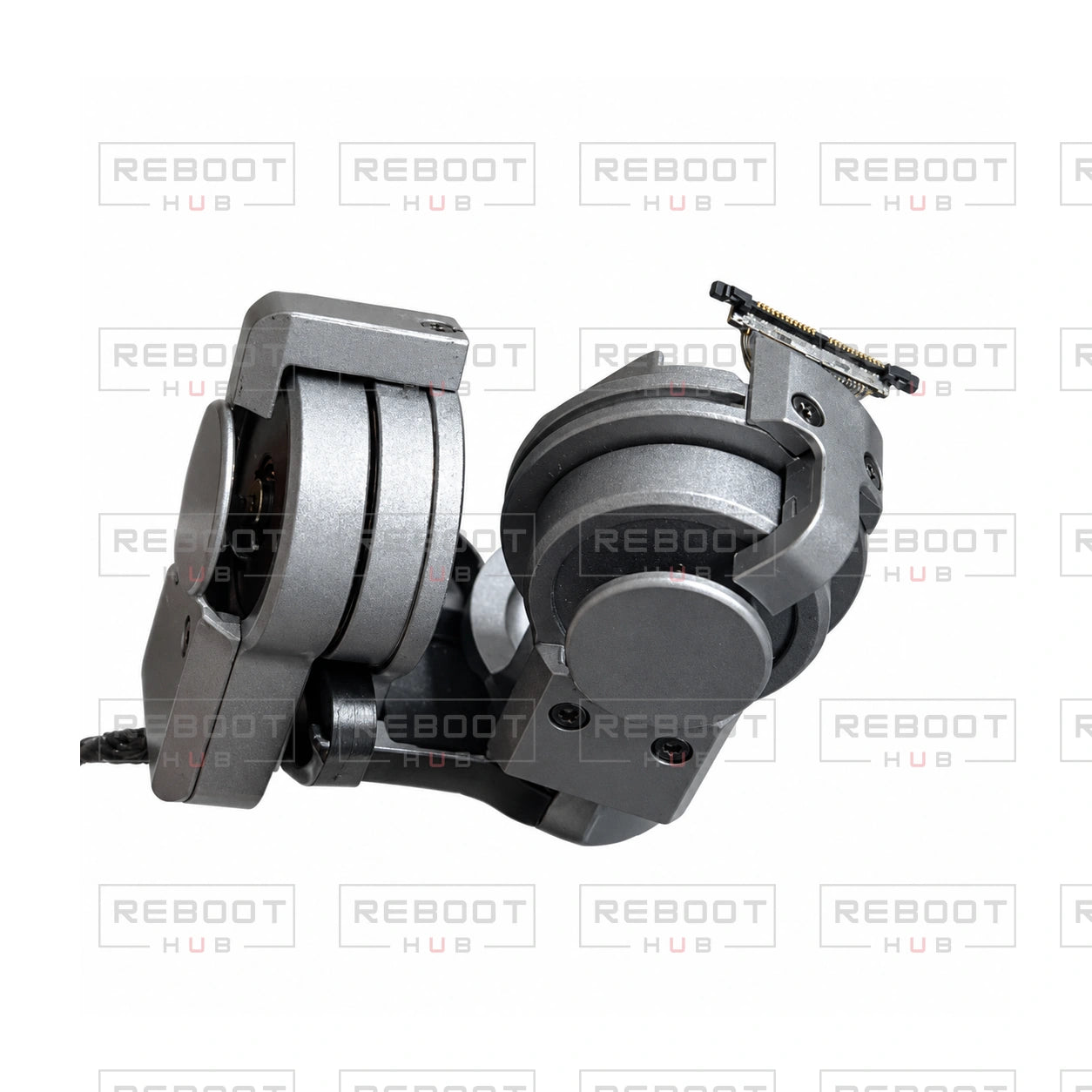 OEM-pulled DJI Mavic Pro / Mavic Pro Platinum Gimbal Arm Assembly, cropped original view with partial wire, on white with Reboot Hub watermark overlay