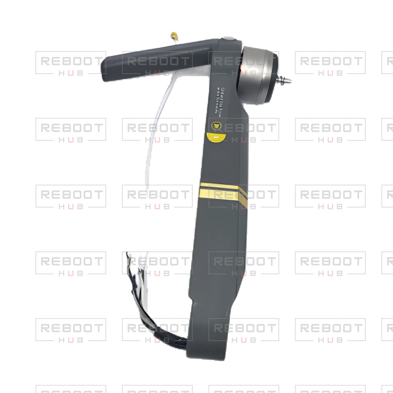 OEM-pulled DJI Mavic Pro Front Arm Right, photographed view 46, on white with Reboot Hub watermark overlay