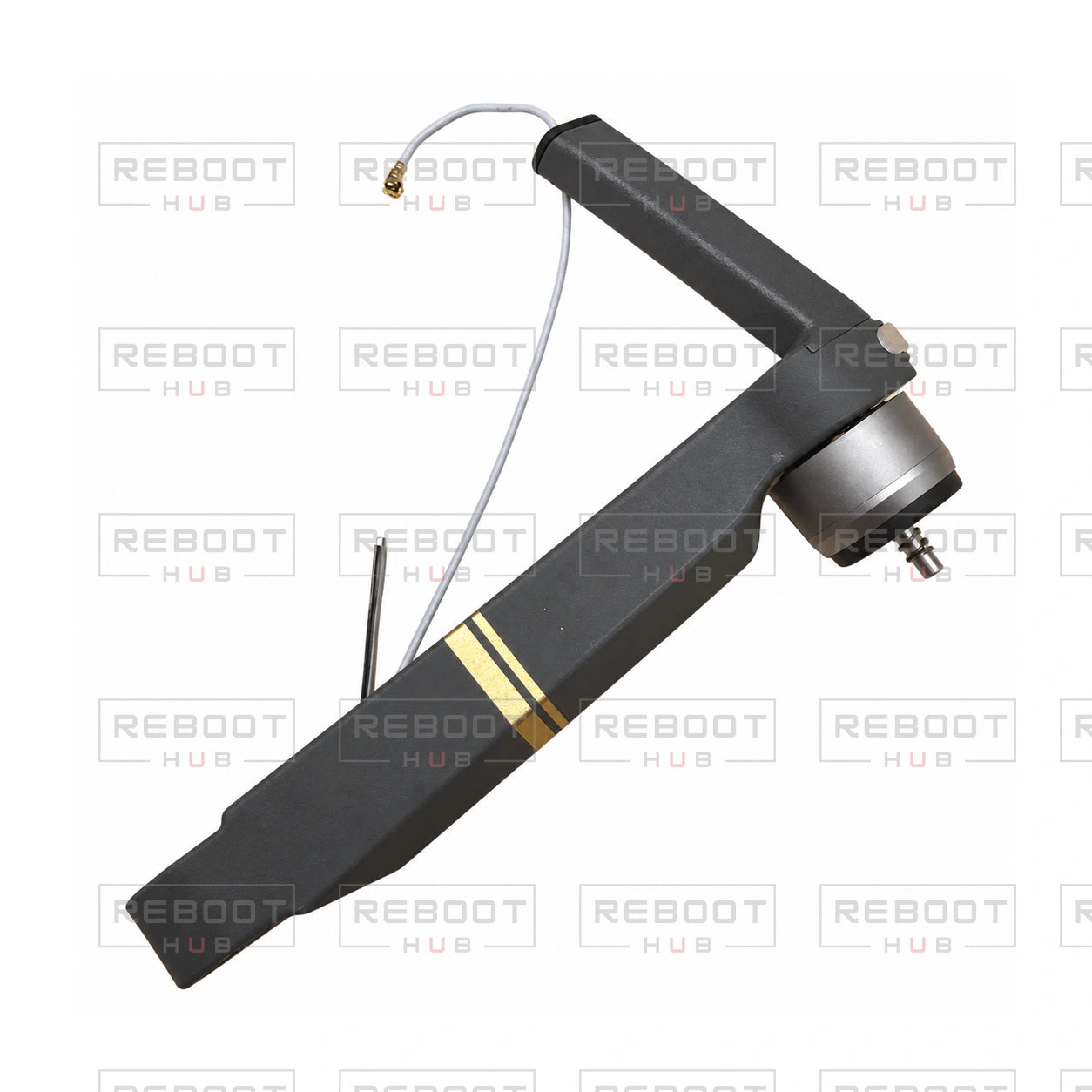 OEM-pulled DJI Mavic Pro Front Arm Right, photographed view 48, on white with Reboot Hub watermark overlay