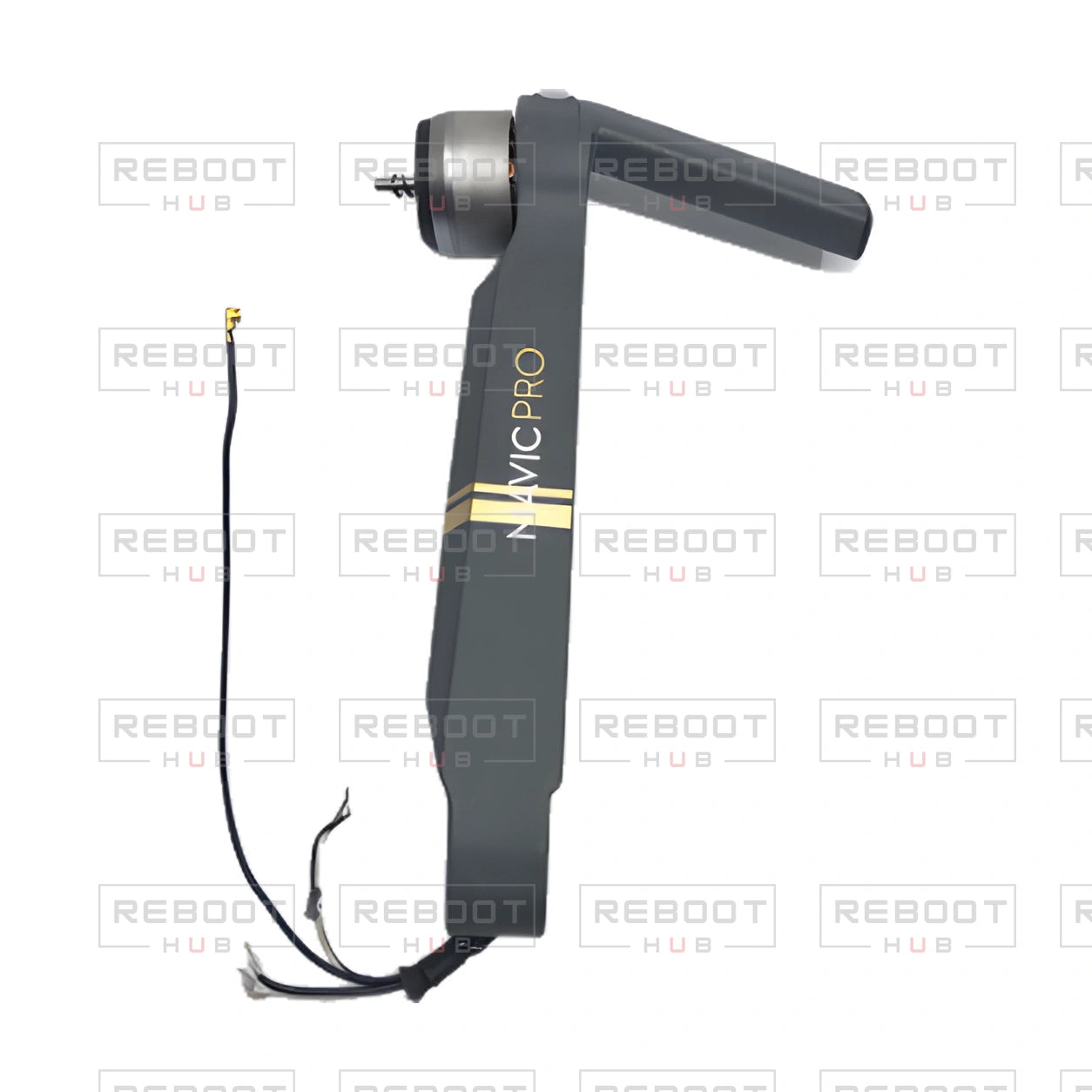 OEM-pulled DJI Mavic Pro Front Arm Left, photographed view 49, on white with Reboot Hub watermark overlay