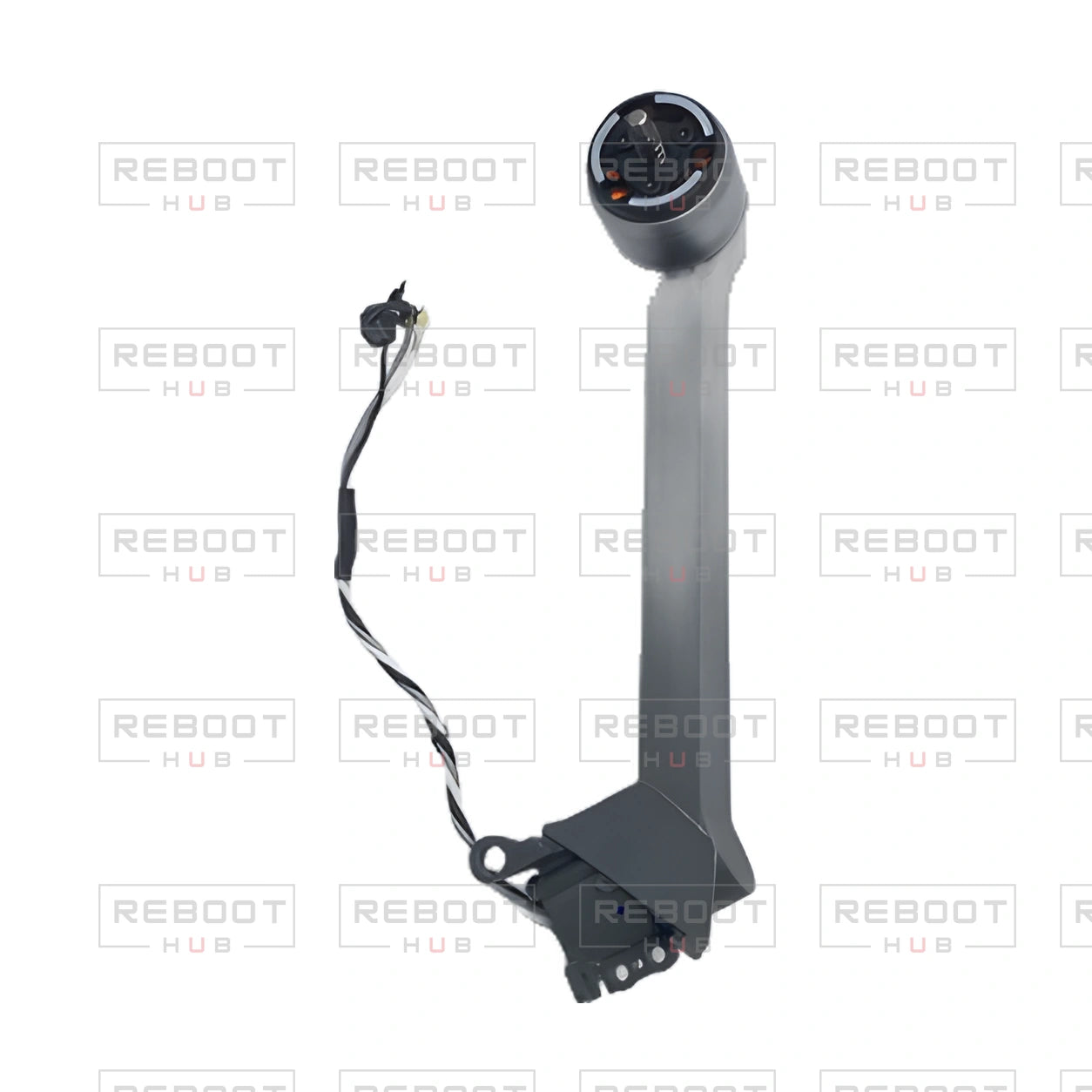 OEM-pulled DJI Mavic Pro Rear Arm Left, photographed view 71, on white with Reboot Hub watermark overlay