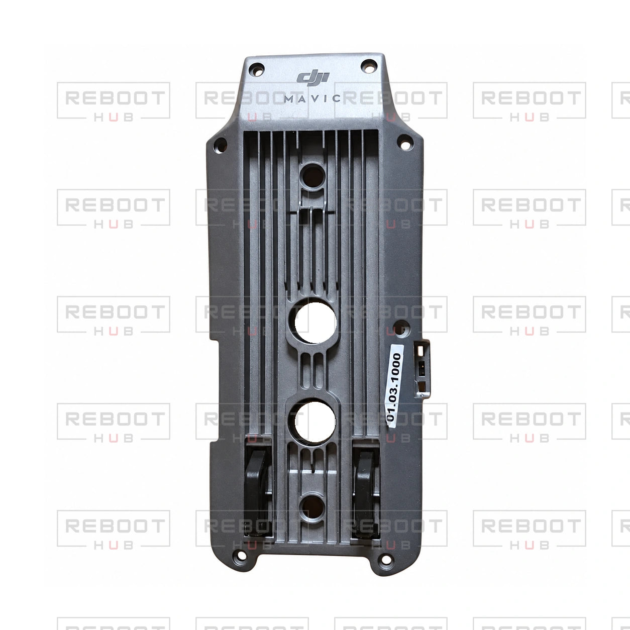 OEM-pulled DJI Mavic Pro Bottom Shell, photographed view 90, on white with Reboot Hub watermark overlay