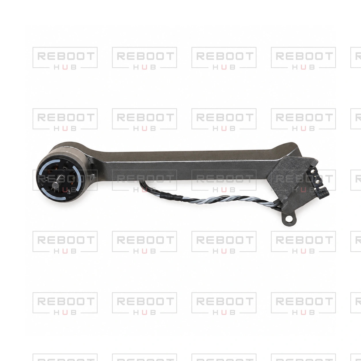 OEM-pulled DJI Mavic Pro Platinum Rear Arm Left, photographed view 145, on white with Reboot Hub watermark overlay