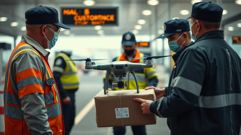 Imported DJI drone inspected with shipping paperwork before an Austin repair decision