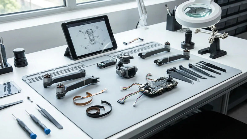 DJI drone parts compatibility desk with labeled modules connectors and model reference