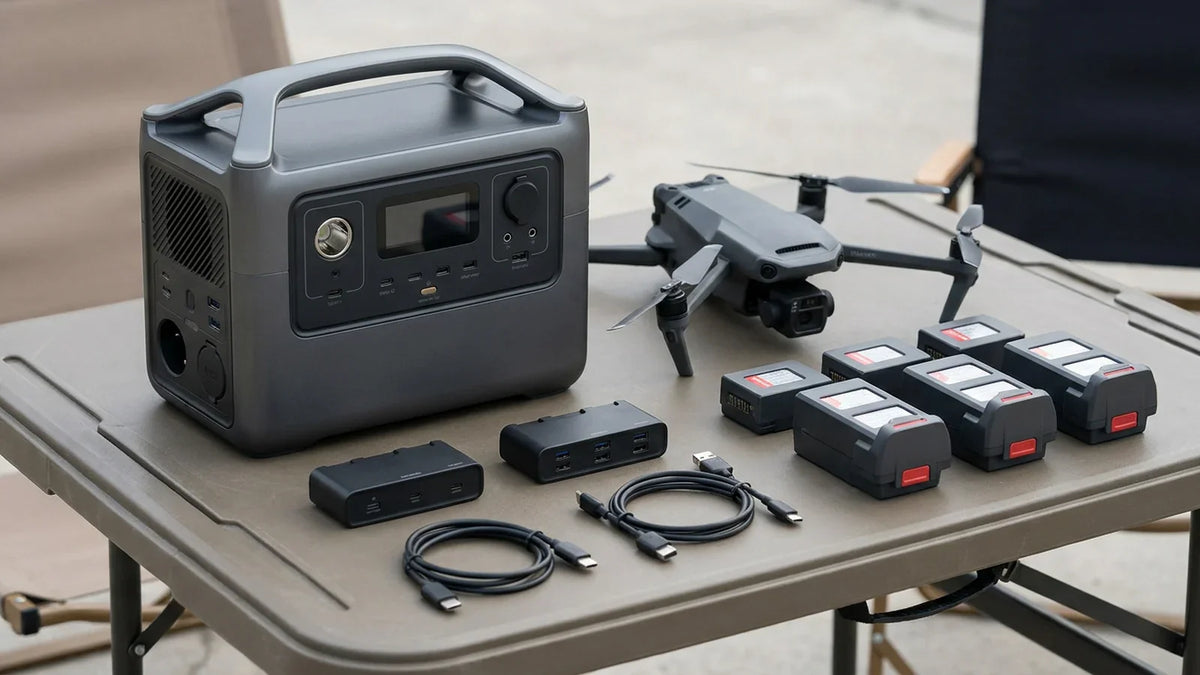 Portable power station, DJI-style drone batteries and charging hubs arranged as a field charging system
