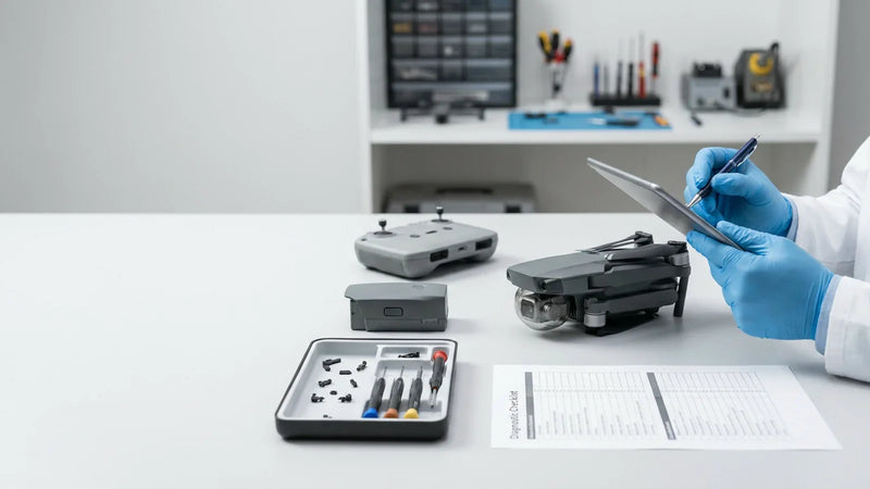 Technician documenting a DJI drone repair intake before diagnosis