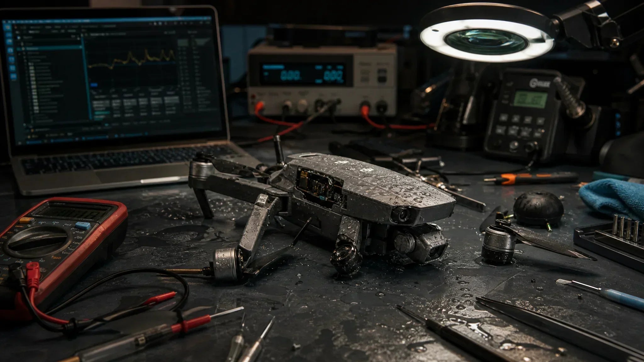 Water-exposed DJI drone isolated on a bench before safe inspection
